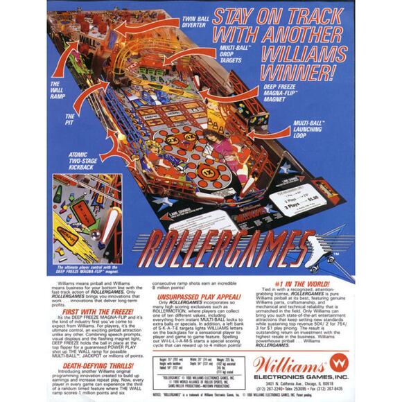 RollerGames Pinball FLYER NOS Art Hot Flash T-Birds Roller Derby Games - Picture 2 of 2